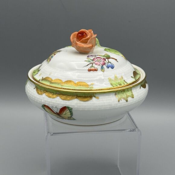 Vtg Herend Queen Victoria Porcelain Rd Box & Lid Trinket Dish with Rose Finial - Picture 13 of 14